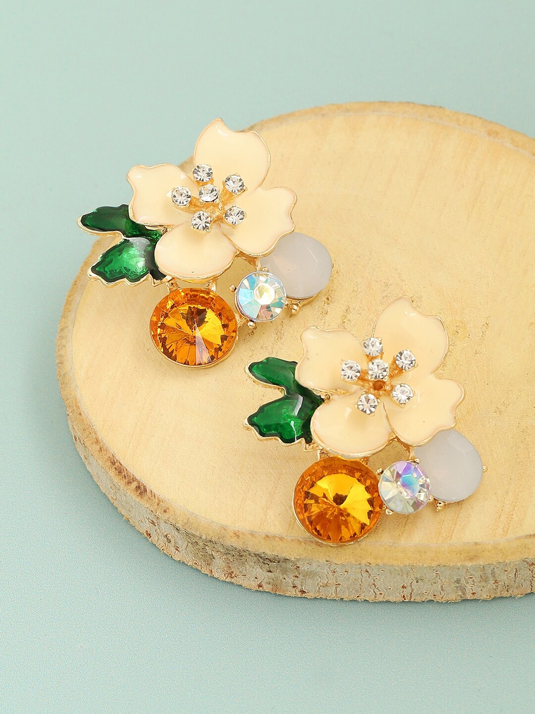 

SOHI Gold Plated White & Green Floral Studs Earrings