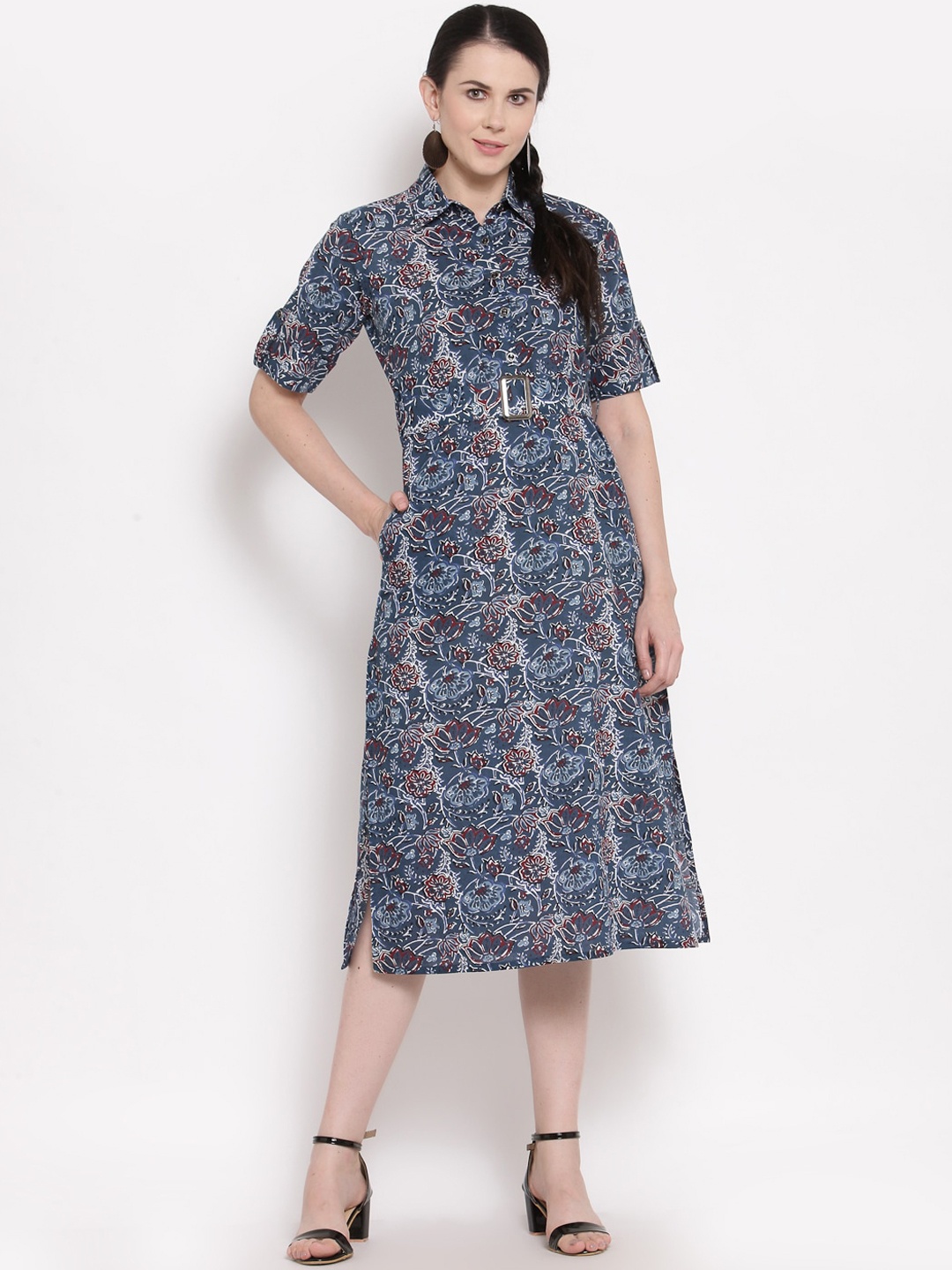 

Indibelle Shirt Collar Floral Printed A-Line Cotton Kurta, Blue