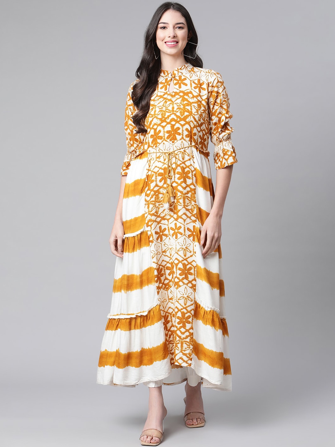 

Indibelle Keyhole Neck Floral Printed Bell Sleeves Anarkali Kurta, Mustard