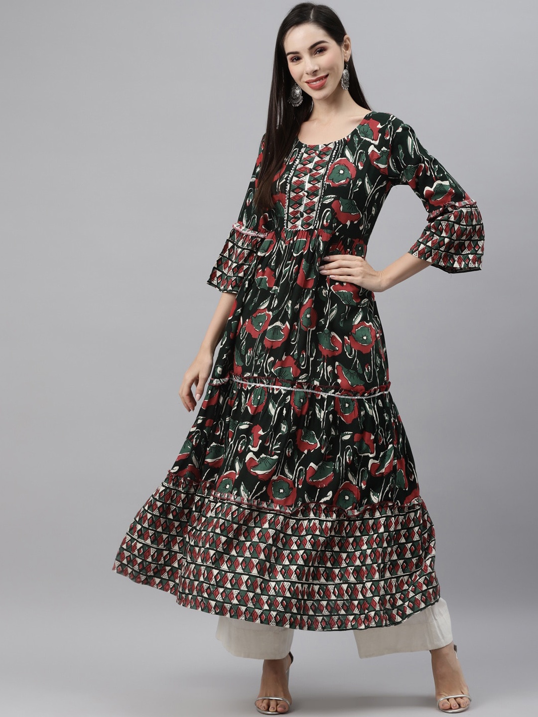 

Indibelle Floral Printed Bell Sleeves Thread Work Anarkali Kurta, Black