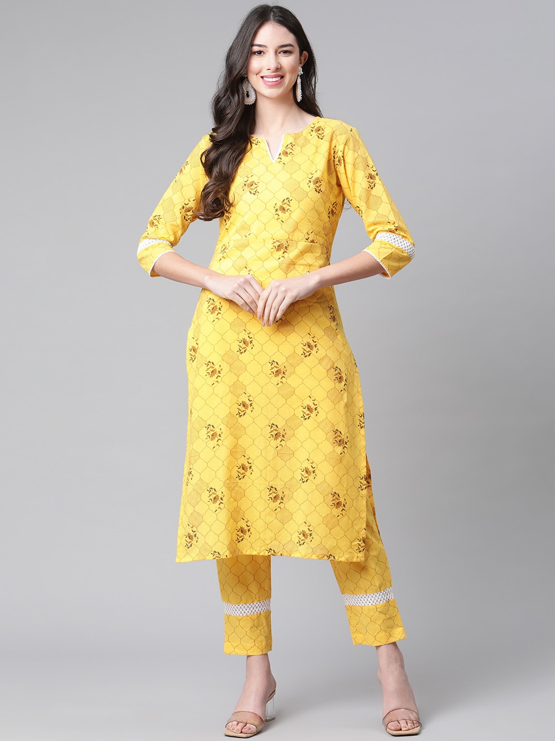 

Indibelle Keyhole Neck Floral Printed Cotton Kurta, Yellow