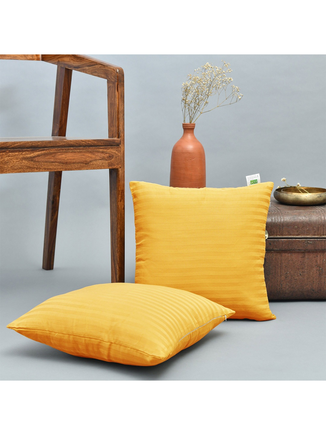 

HOMEMONDE Yellow Set of 2 Striped Square Cotton Cushion Covers