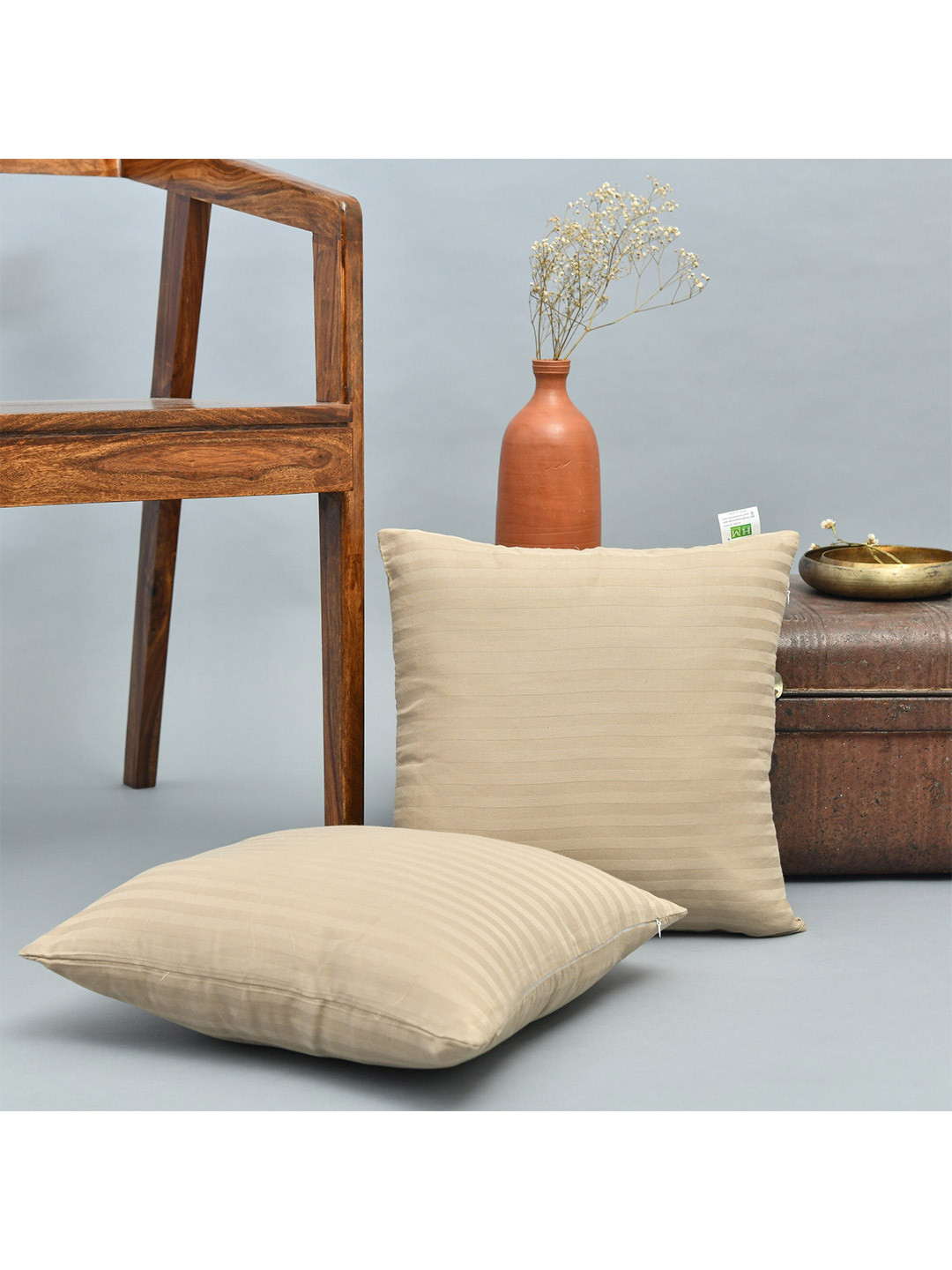 

HOMEMONDE Taupe Set of 2 Striped Square Cotton Cushion Covers