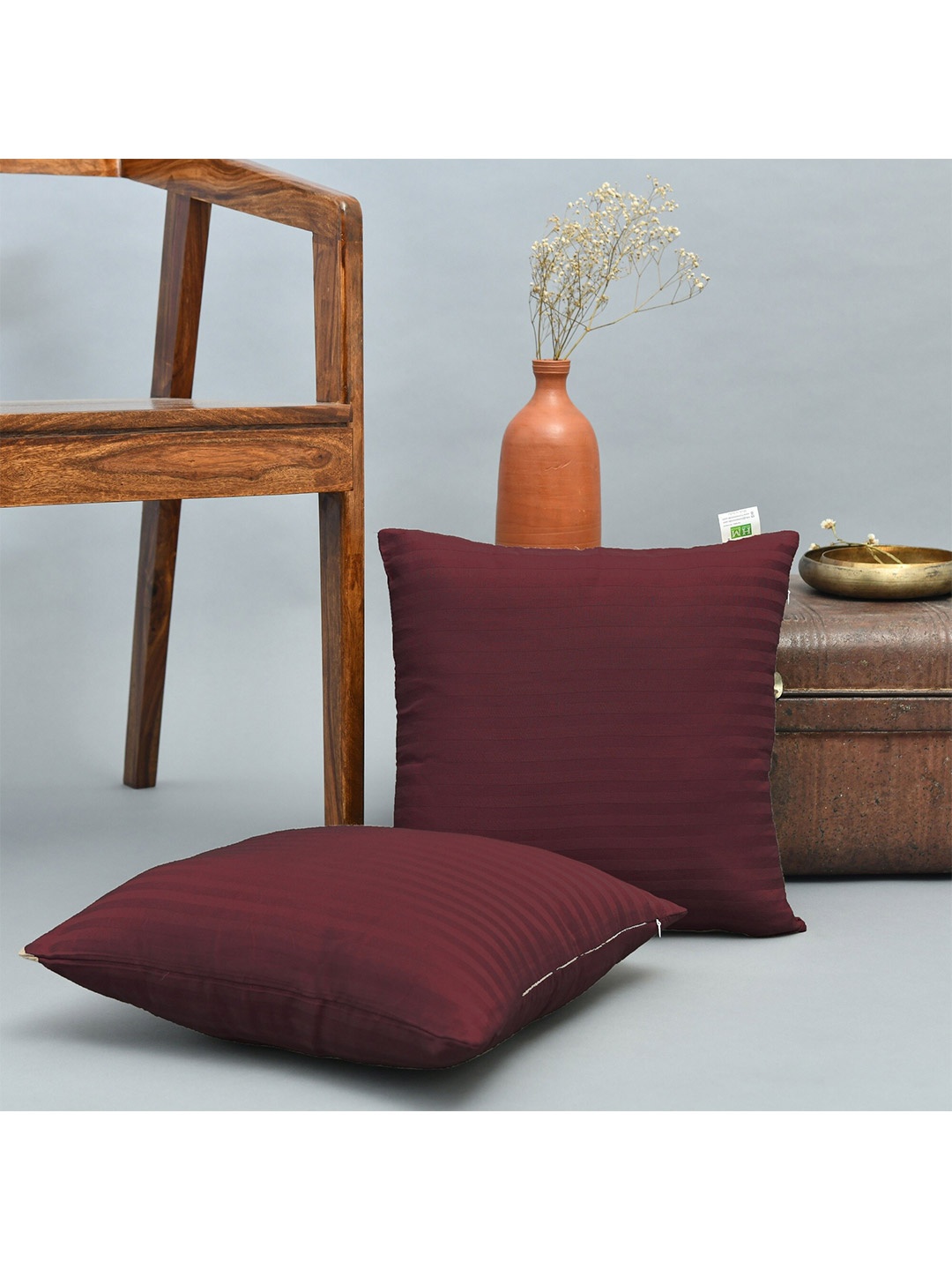 

HOMEMONDE Maroon Set of 2 Striped Square Cotton Cushion Covers