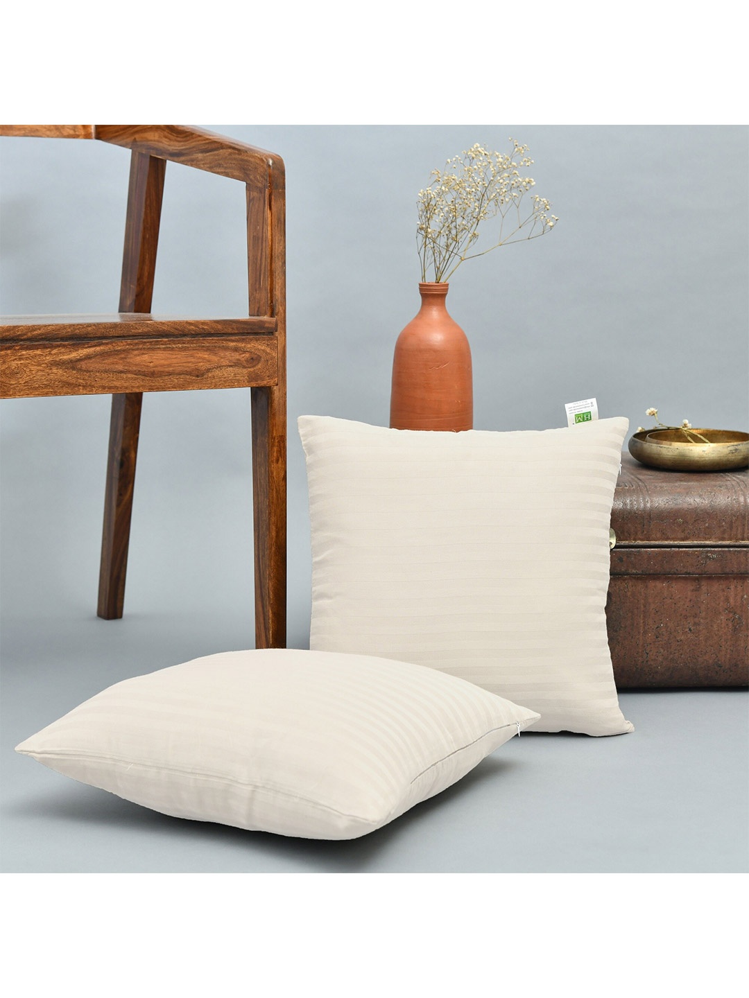 

HOMEMONDE Off White Set of 2 Striped Square Cushion Covers