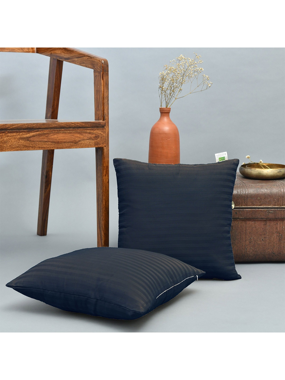 

HOMEMONDE Blue Set of 2 Striped Square Cotton Cushion Covers