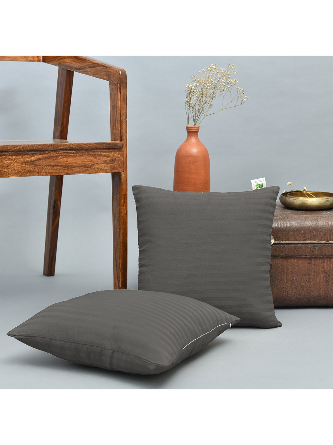 

HOMEMONDE Olive Green Set of 2 Striped Square Cotton Cushion Covers