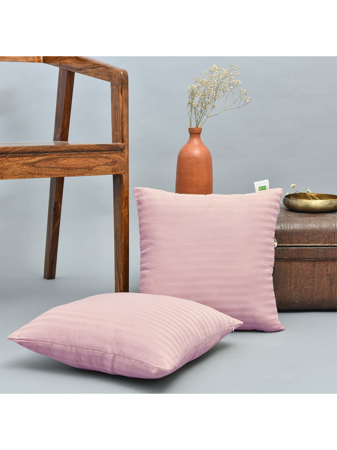 

HOMEMONDE Pink Set of 2 Striped Square Cotton Cushion Covers