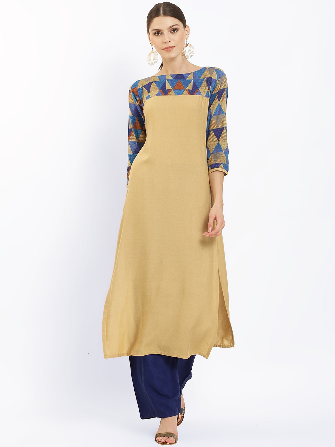 

Ives Women Geometric Printed Yoke Design A-Line Kurta, Beige