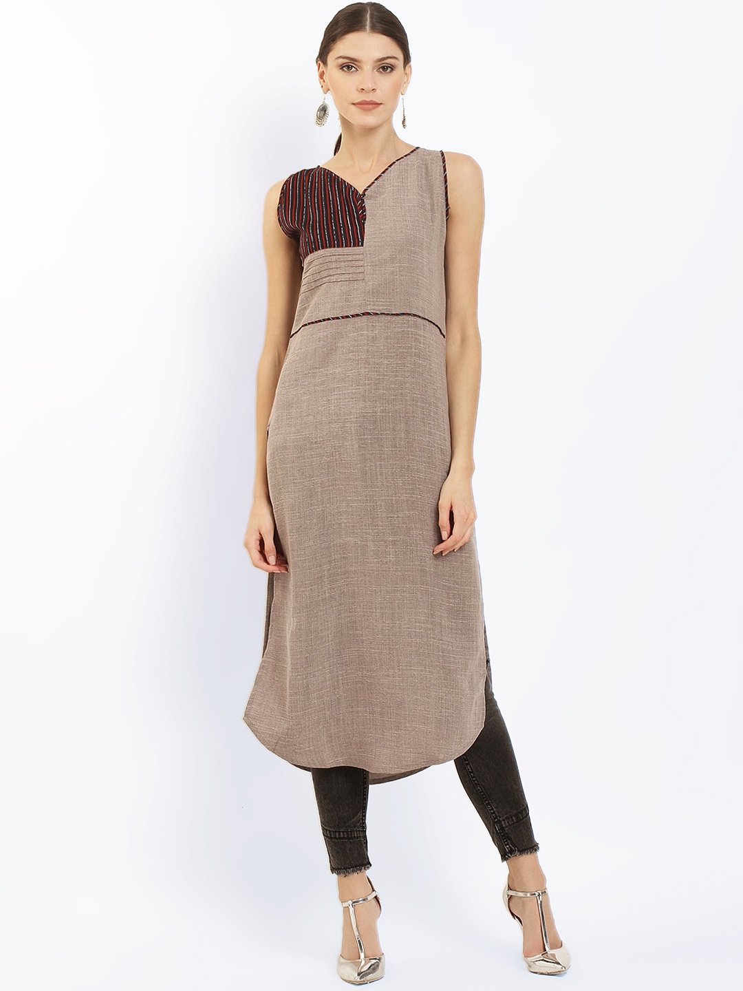 

Ives Women Geometric Printed Yoke Design A-Line Kurta, Taupe