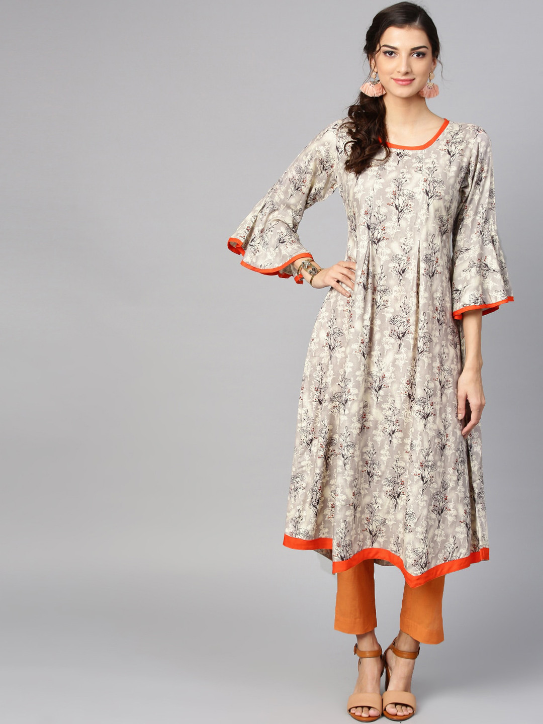 

Ives Women Floral Printed Bell Sleeves A-Line Kurta, Grey