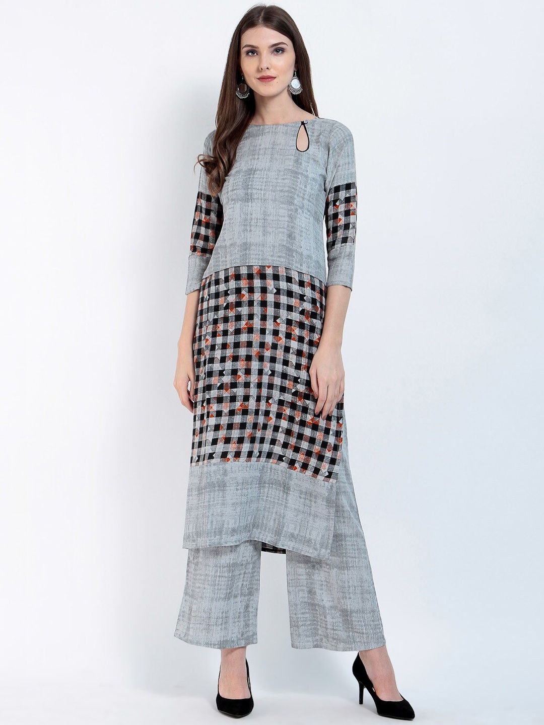 

Ives Women Printed Checked Kurta, Grey
