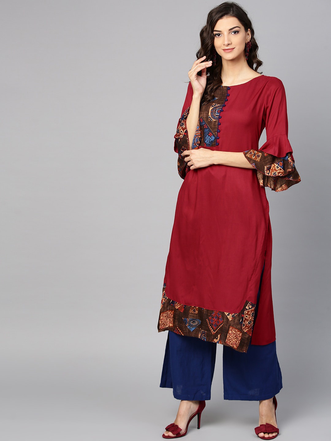 

Ives Geometric Yoke Design Flared Sleeves Patchwork Kurta, Maroon