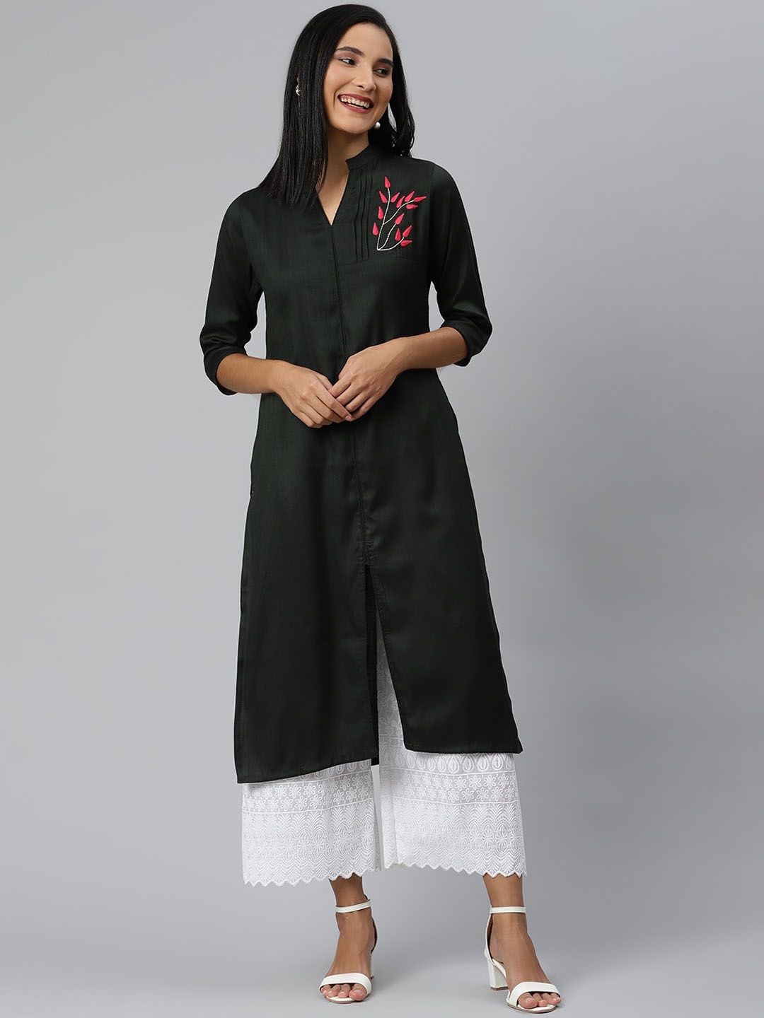 

Ives Calf Length Thread Work Kurta, Teal