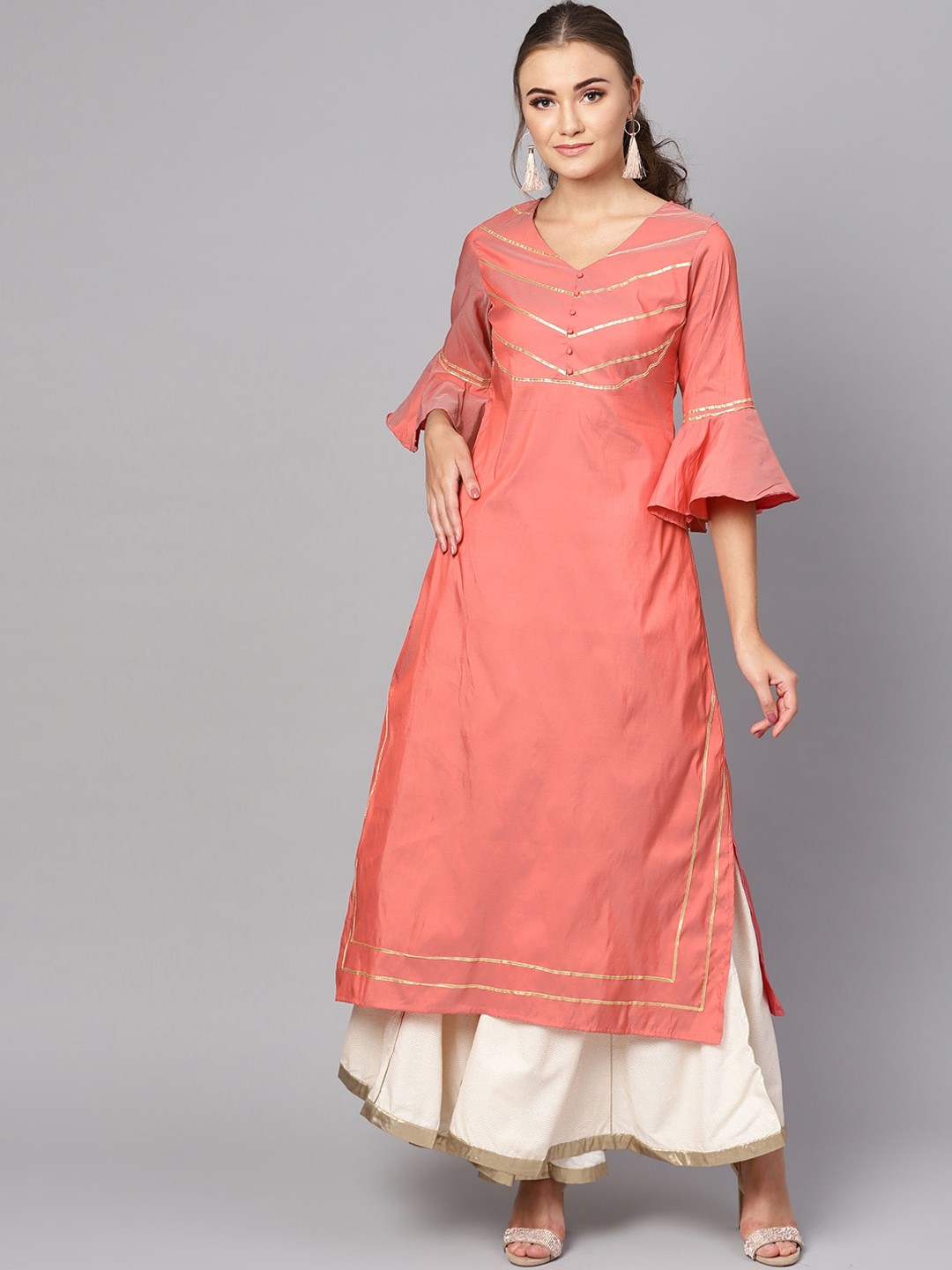 

Ives Women Yoke Design Bell Sleeves Kurta, Pink