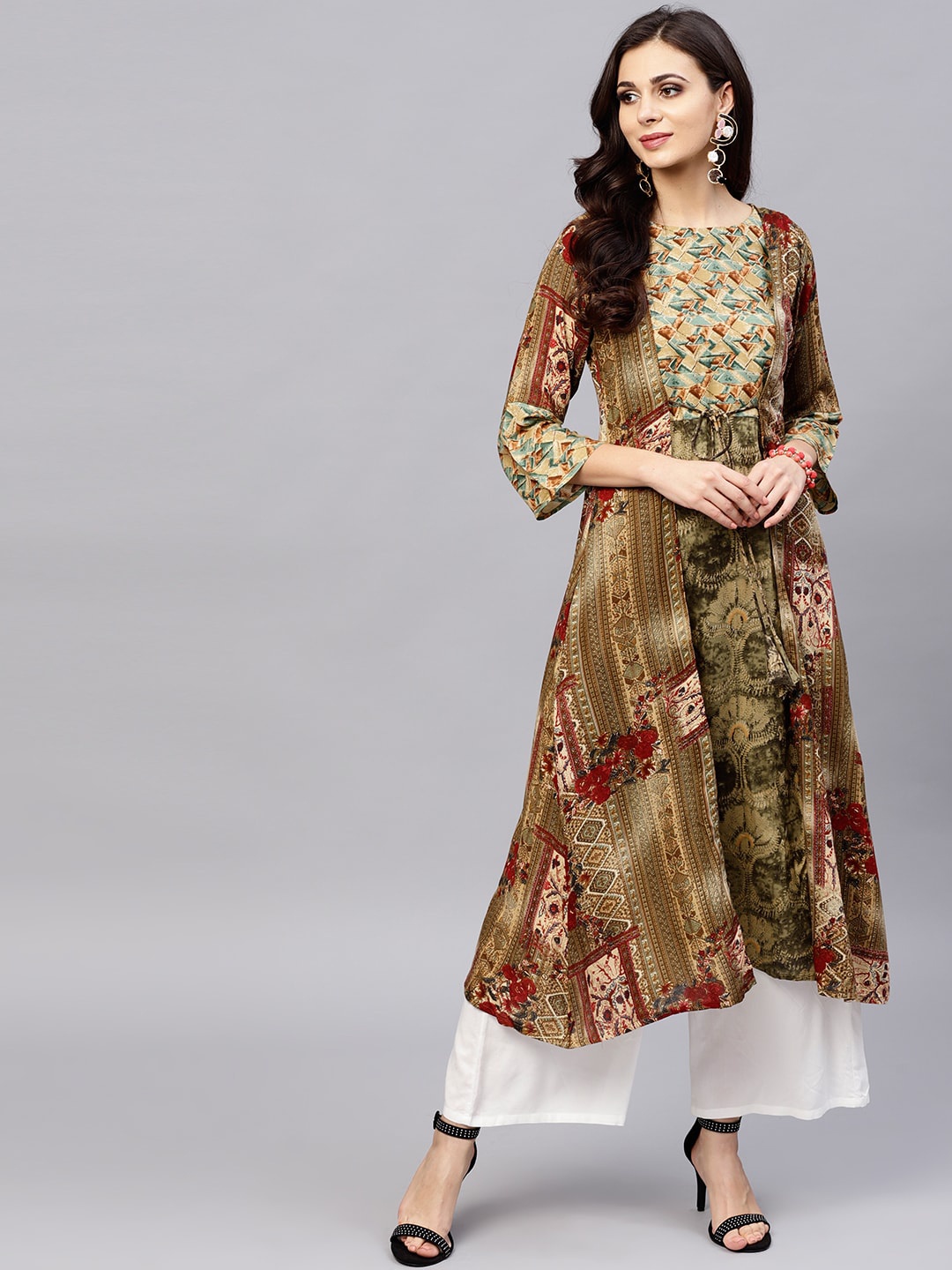 

Ives Women Ethnic Motifs Printed A-Line Kurta, Olive