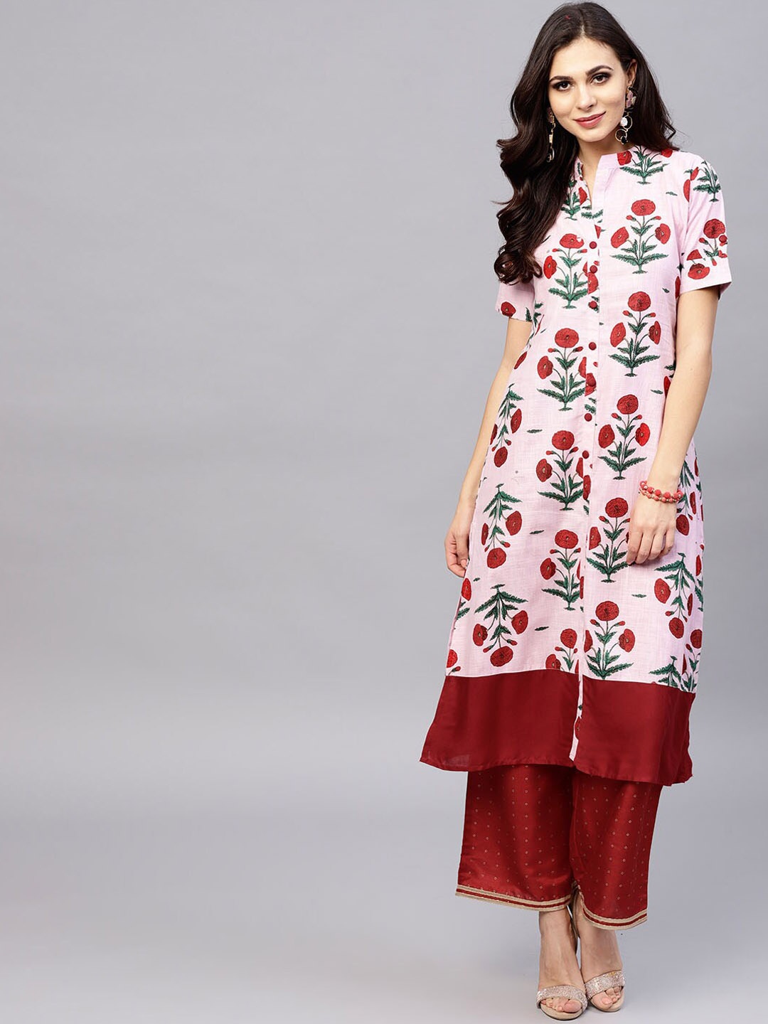 

Ives Women Floral Printed A-Line Kurta, Pink