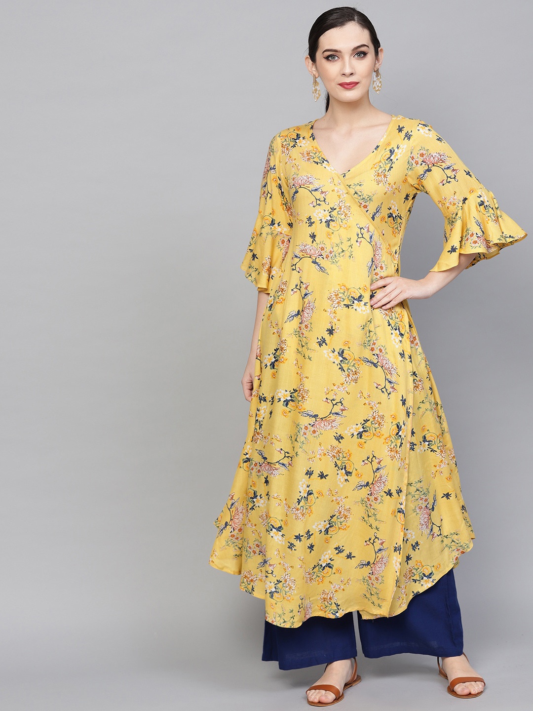 

Ives Women Floral Printed Bell Sleeves A-Line Kurta, Yellow