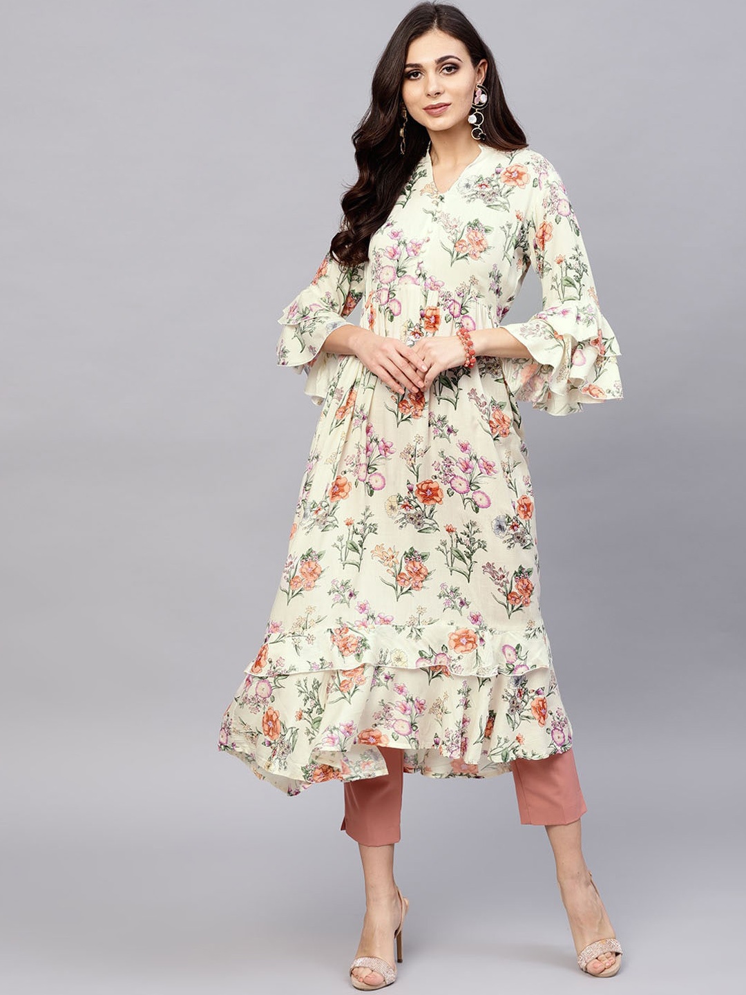

Ives Women Floral Printed Bell Sleeves A-Line Kurta, Cream
