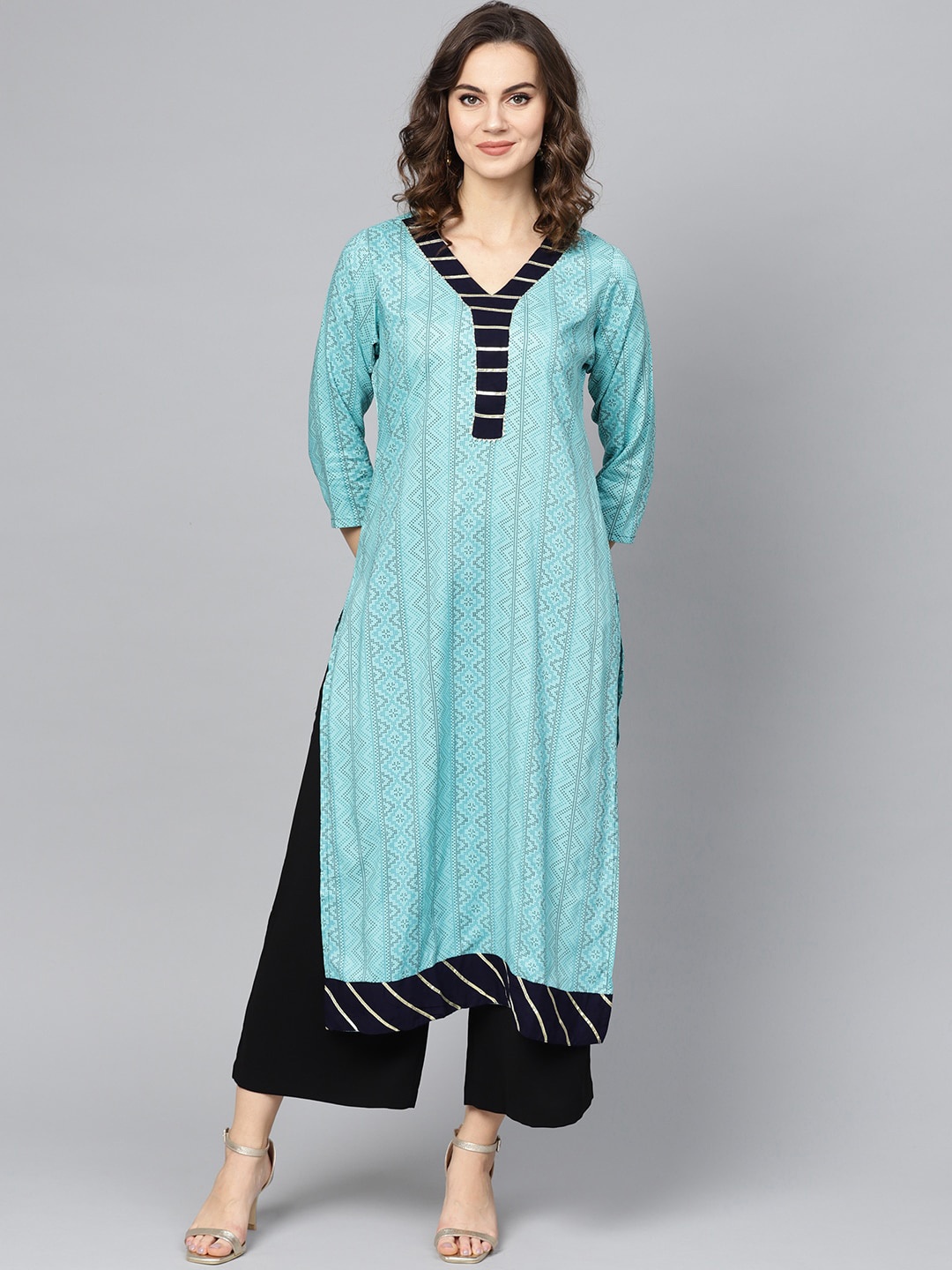

Ives V-Neck Geometric Printed Pure Cotton Kurta, Blue