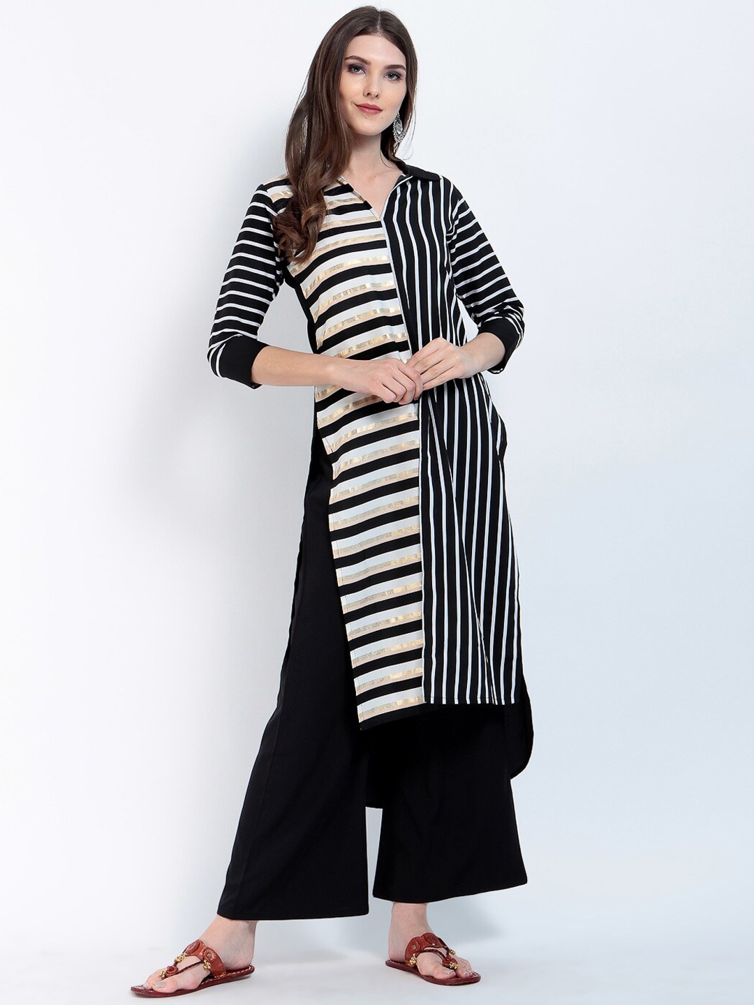 

Ives Striped Shirt Collar Kurta, Black