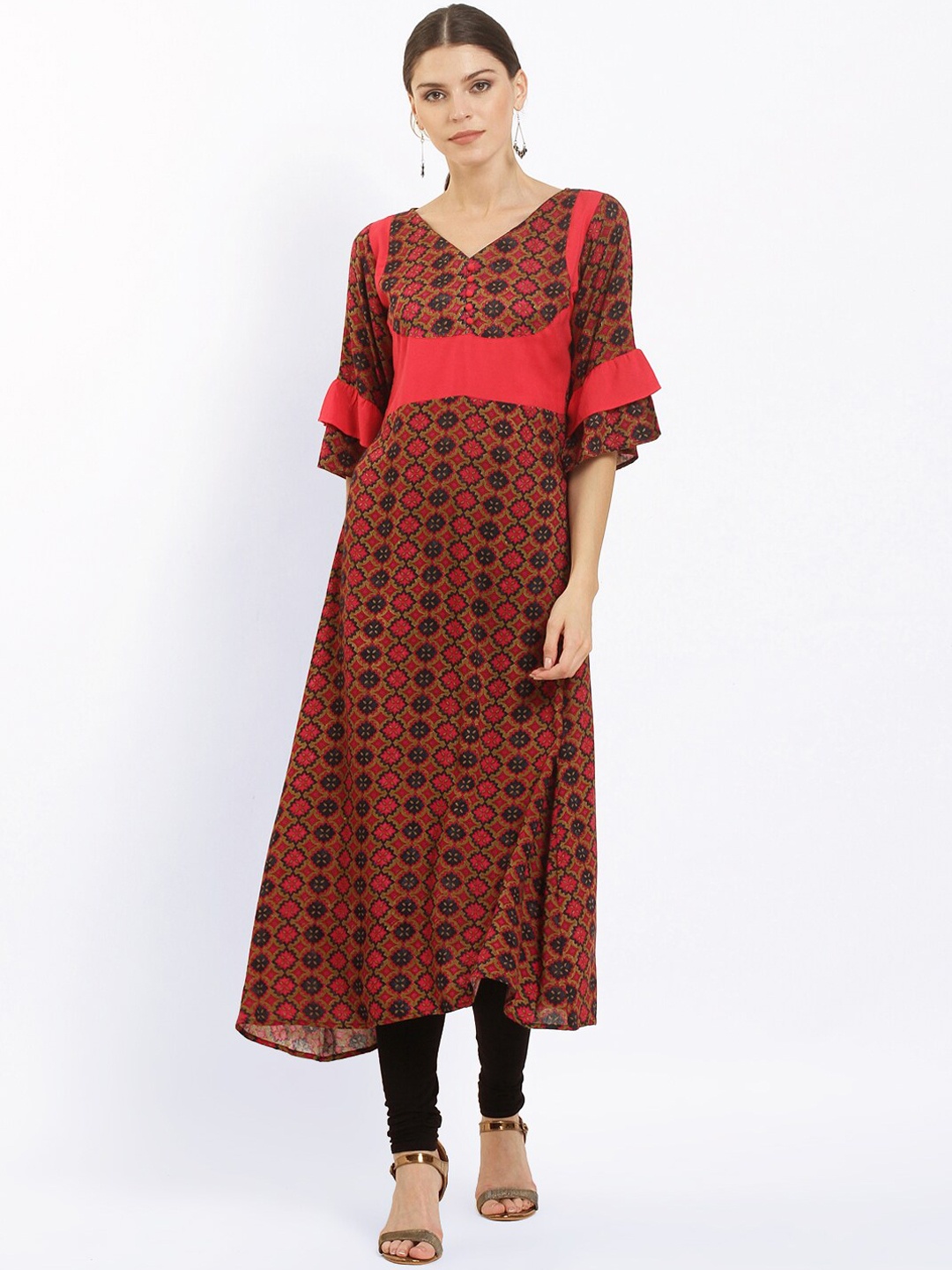

Ives Geometric Printed Flared Sleeves Anarkali Regular Fit Kurta, Brown