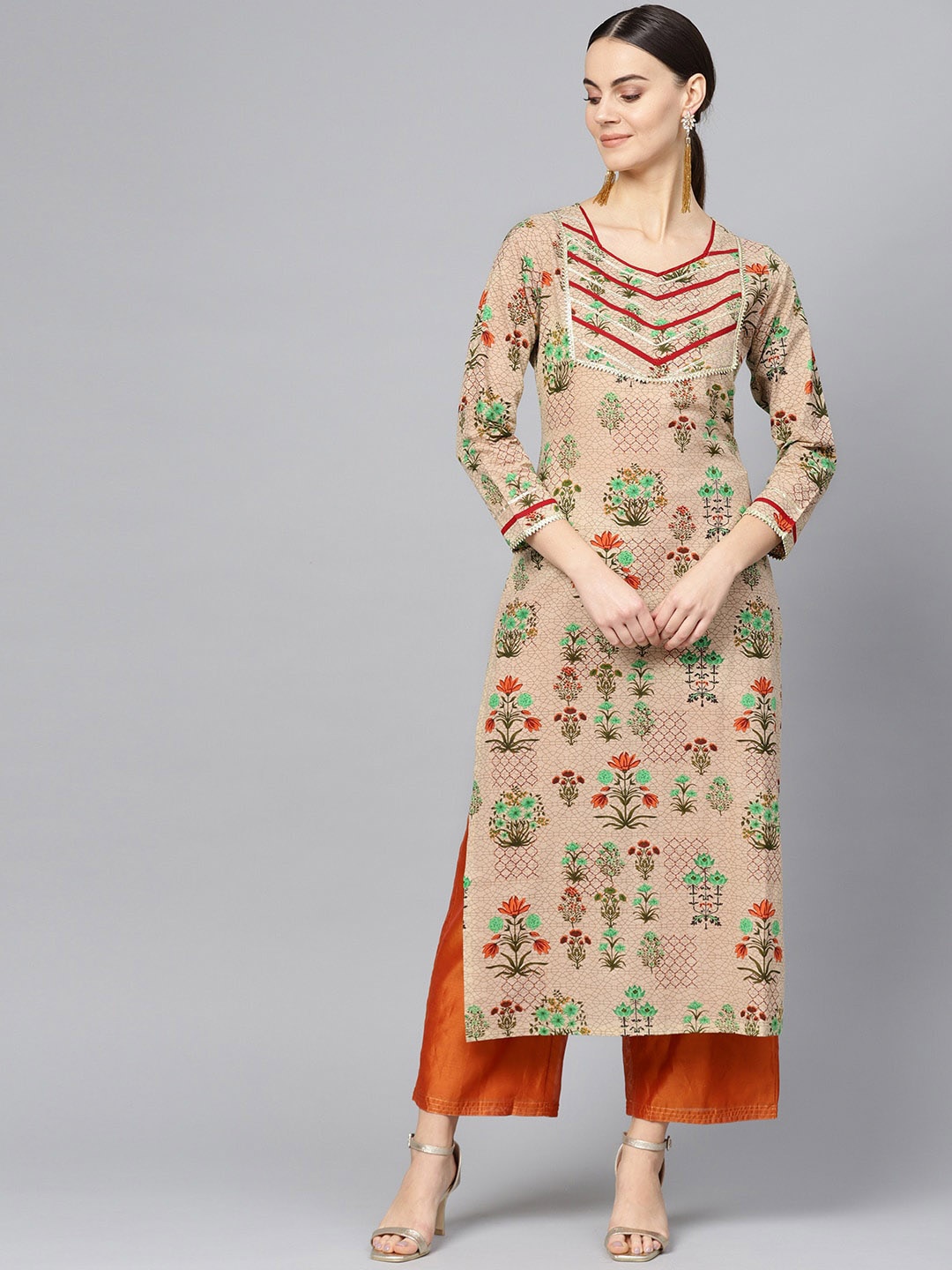 

Ives Floral Printed Regular Straight Pure Cotton Kurta, Beige