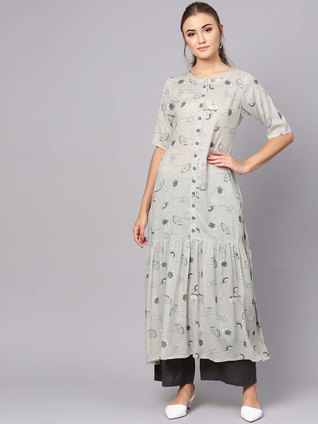 

Ives Floral Printed Floral Anarkali Kurta, Grey