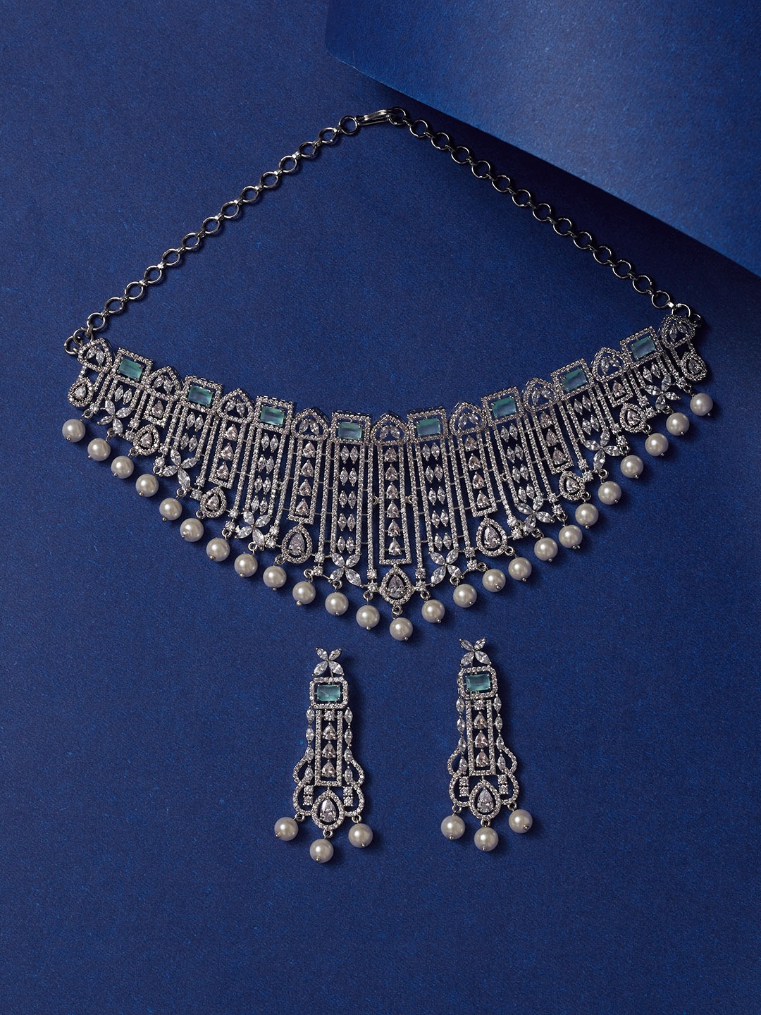 

Voylla Shining Silver-Plated CZ Stone-Studded & Pearl Beaded Jewellery Set