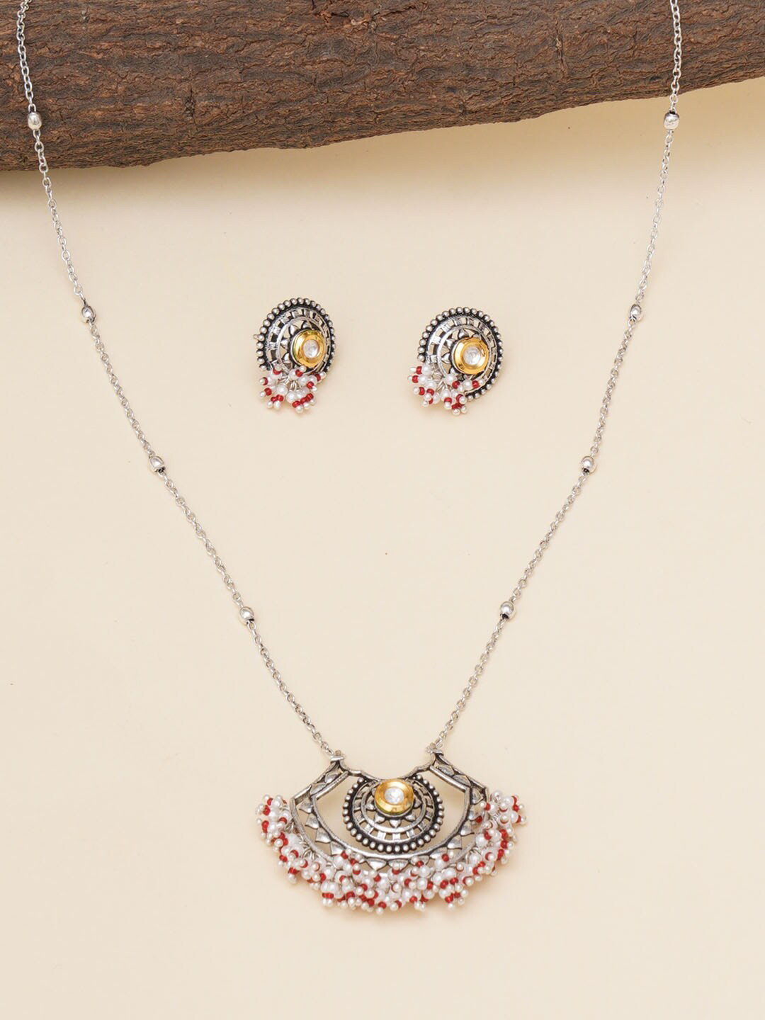 

Voylla Silver-Plated Stone Studded & Beaded Jewellery Set