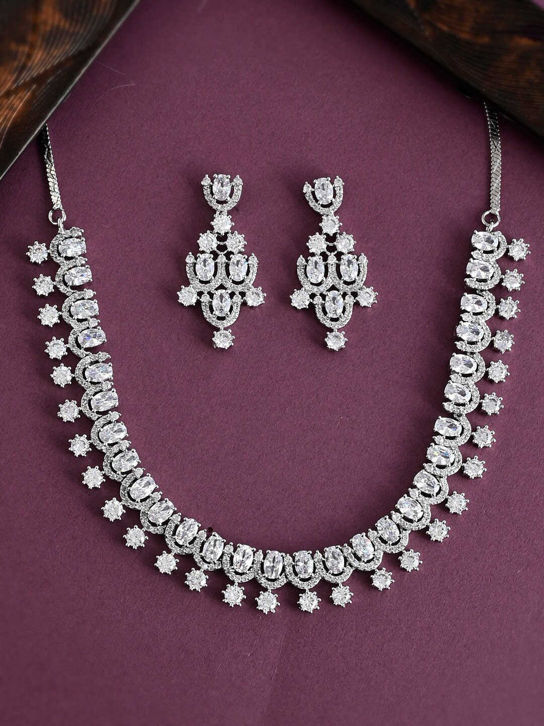

Voylla Women Sparkling Elegance Silver-Plated CZ Stone-Studded Necklace and Earrings, White