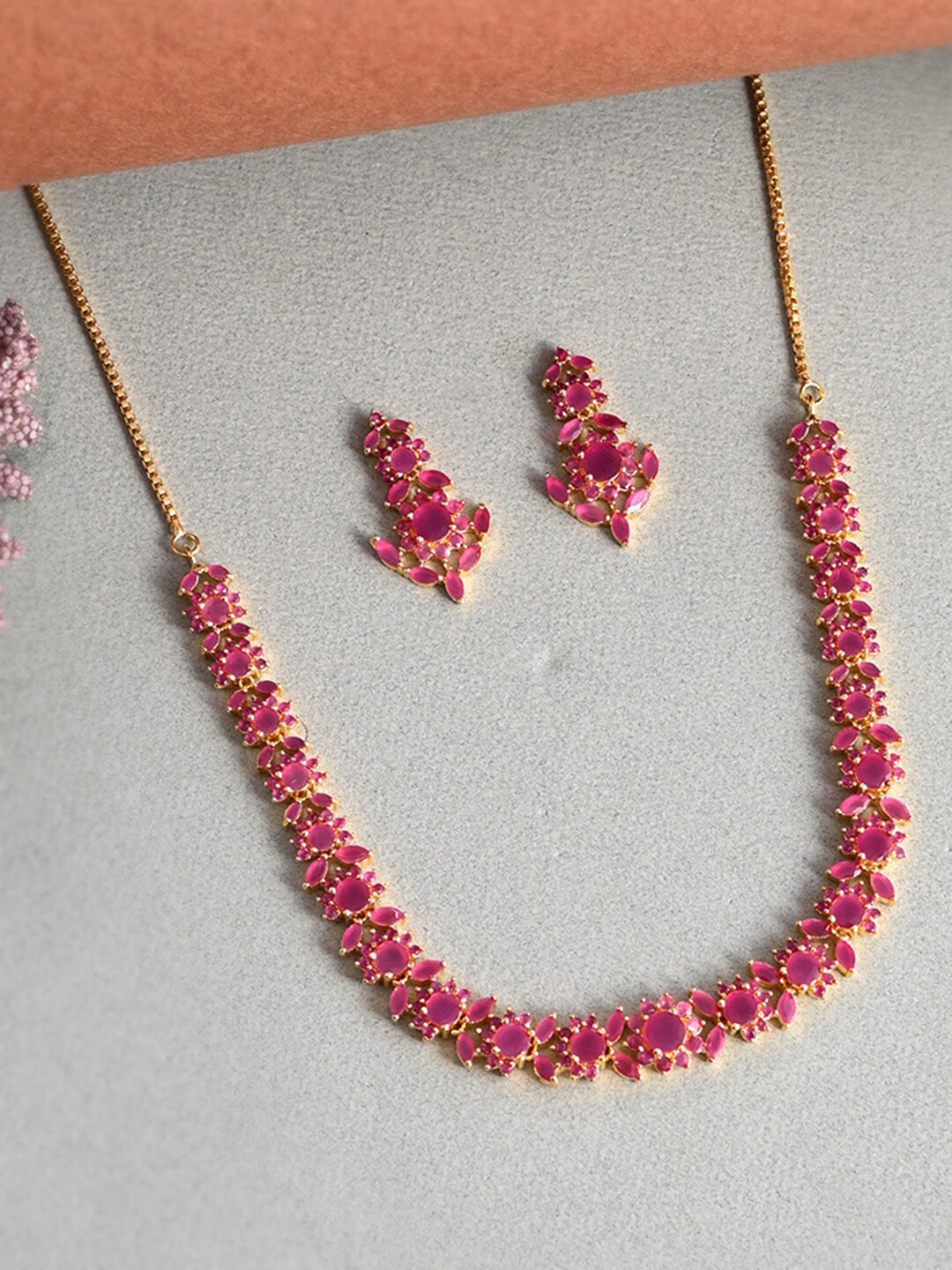 

Voylla Women Sparkling Essentials Gold-Plated Zirconia Studded Jewellery Set, Pink