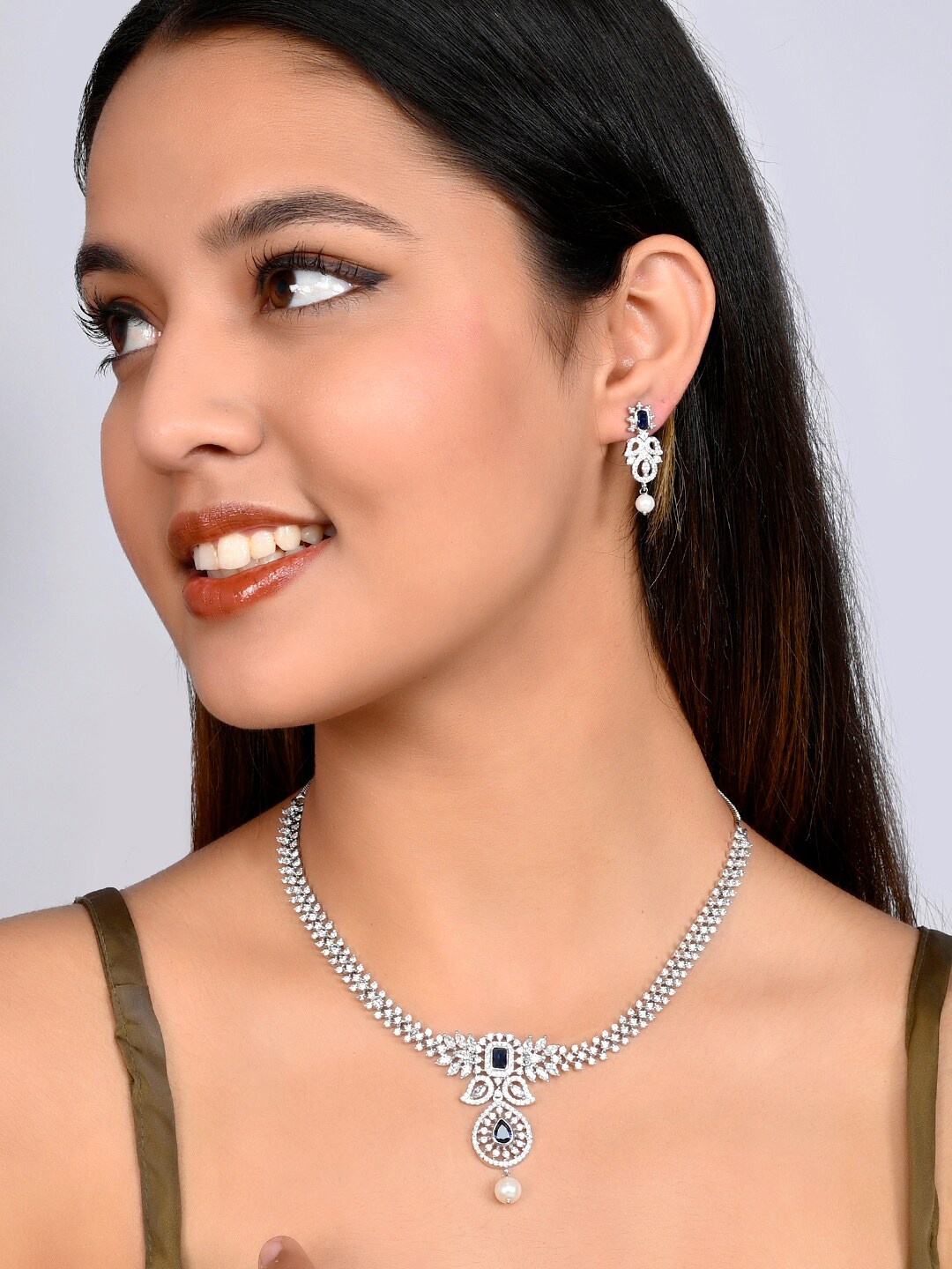 

Voylla Women Rhodium-Plated Emerald CZ Stone-Studded Necklace and Earrings, White