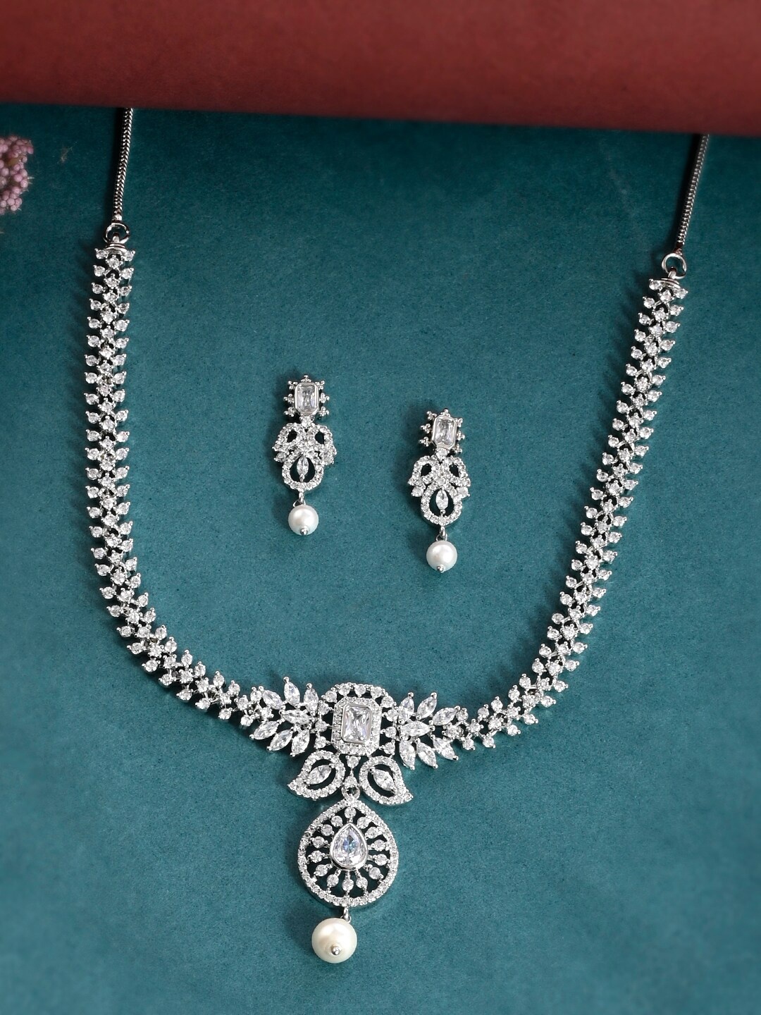 

Voylla Rhodium-Plated Stone-Studded Jewellery Set, Silver