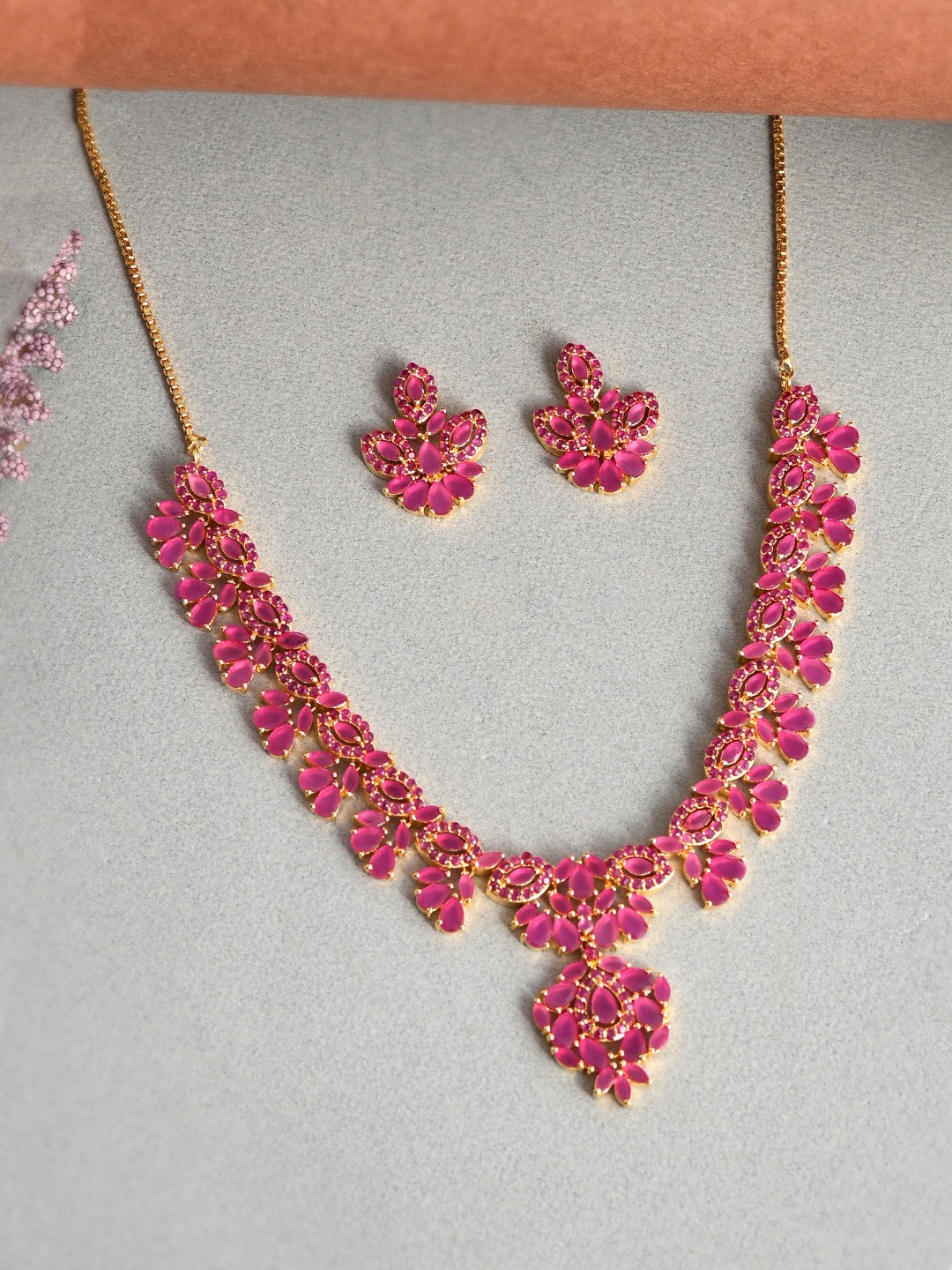

Voylla Gold-Plated CZ-Studded Jewellery Set, Pink