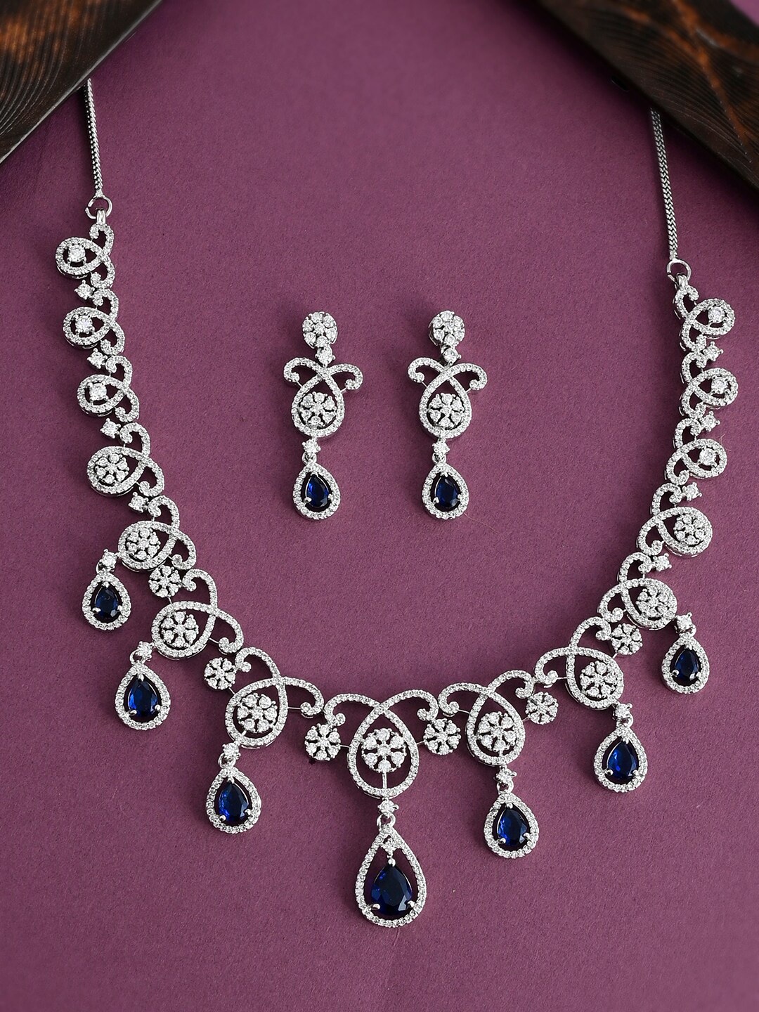 

Voylla Elegance Rhodium-Plated CZ Stone-Studded Teardrop Jewellery Set, Silver