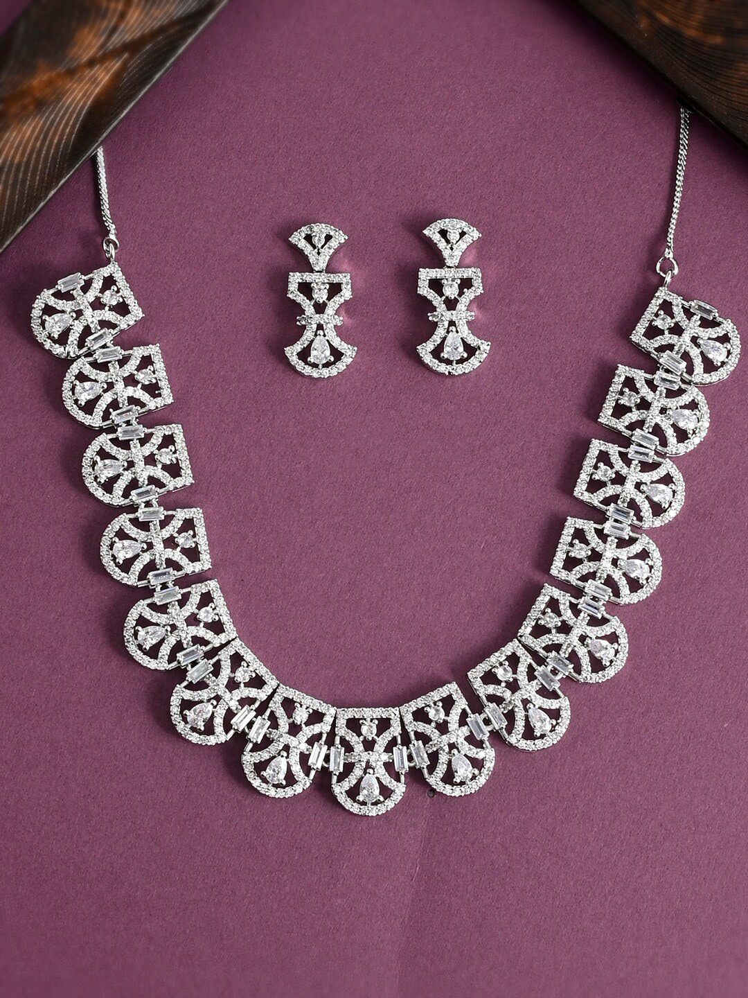 

Voylla Rhodium-Plated & CZ Studded Cutwork Design Jewellery Set, Silver