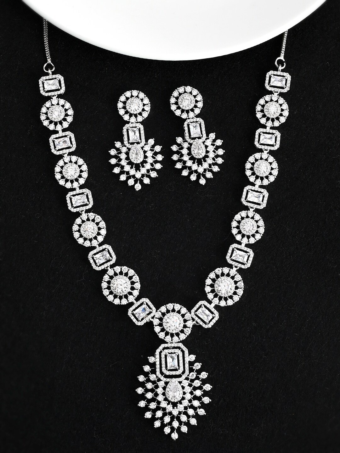 

Voylla Rhodium-Plated Silver-Toned White CZ Stone-Studded Jewellery Set