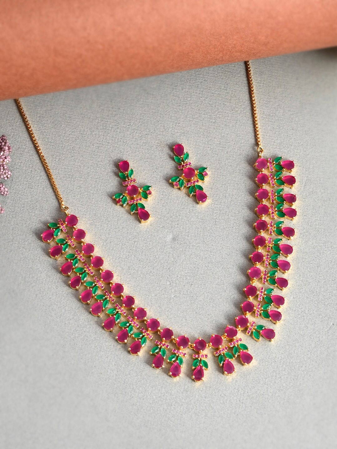 

Voylla Gold-Plated & Pink CZ Stone-Studded Jewellery Set
