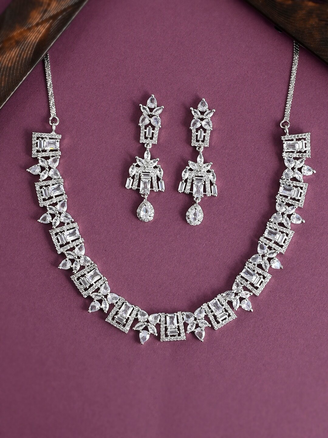 

Voylla Silver-Toned Rhodium-Plated CZ Studded Teardrop Cut Jewellery Set