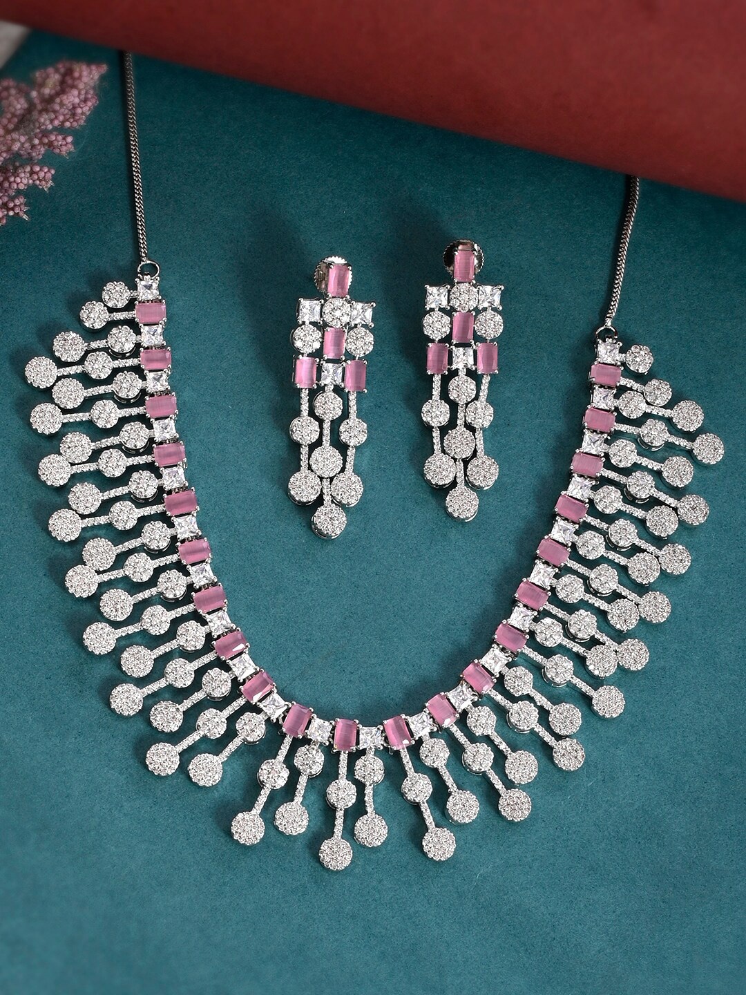 

Voylla Rhodium-Plated CZ-Studded Jewellery Set, Silver