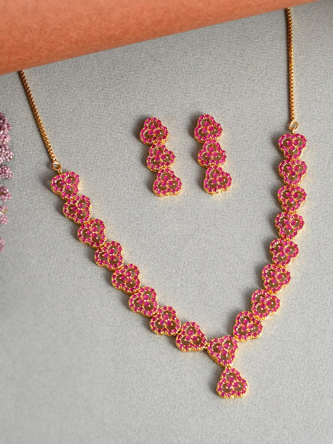 

Voylla Gold-Plated & Pink CZ Stone-Studded Jewellery Set