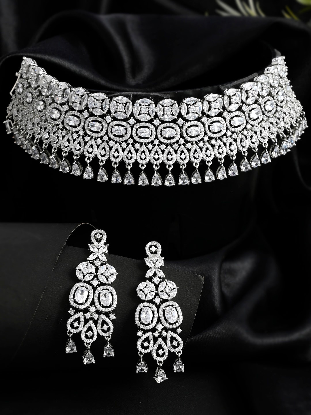 

Voylla Sparkling Opulence Rhodium-Plated Heavily Embellished CZ Stone-Studded Jewellery Set, Silver