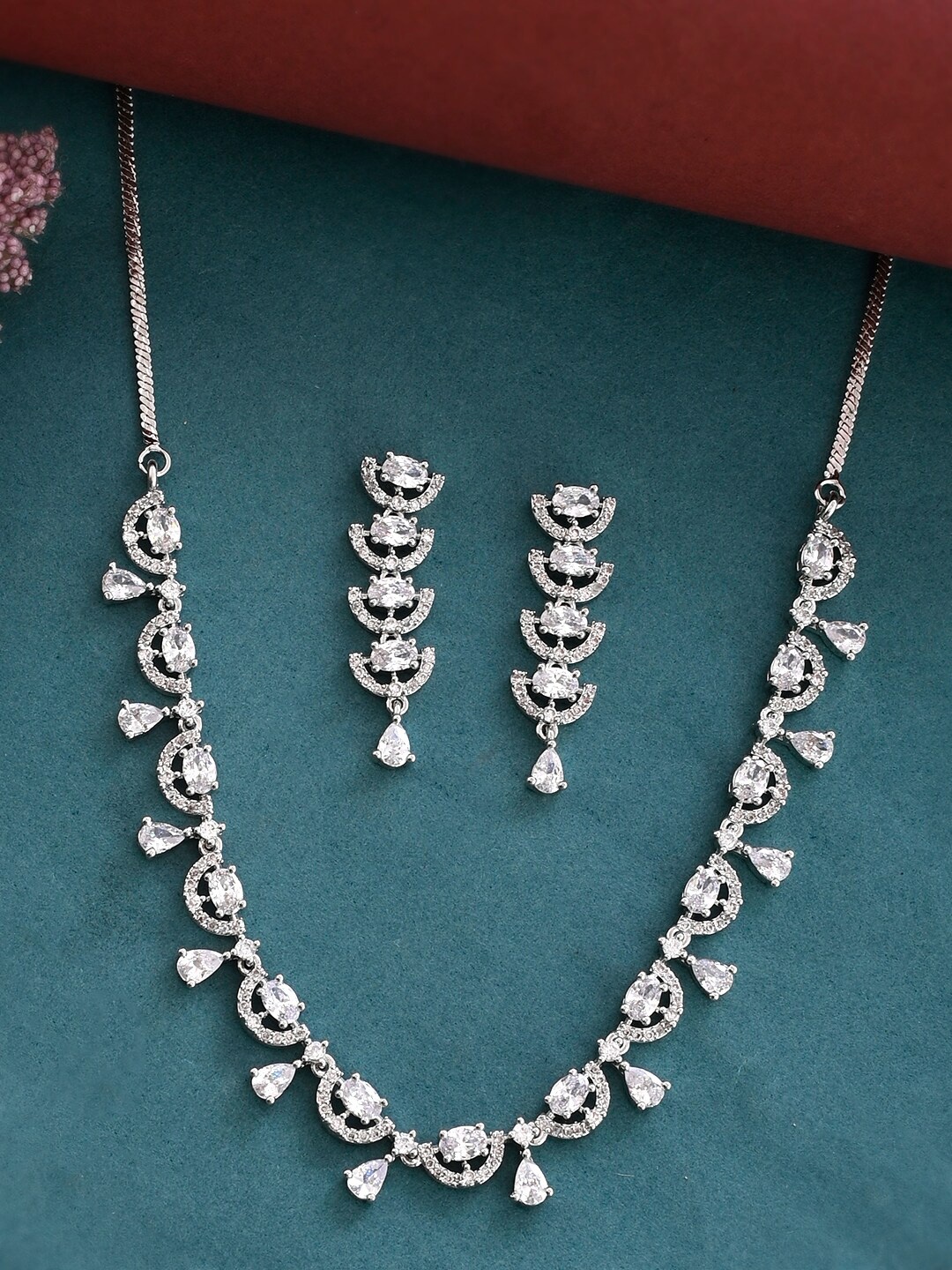 

Voylla Rhodium-Plated Stones Studded Jewellery Set, Silver