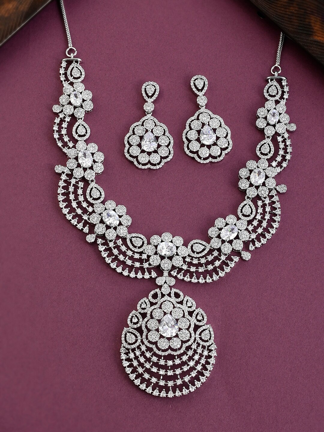 

Voylla Rhodium-Plated CZ Studded Jewellery Set, Silver