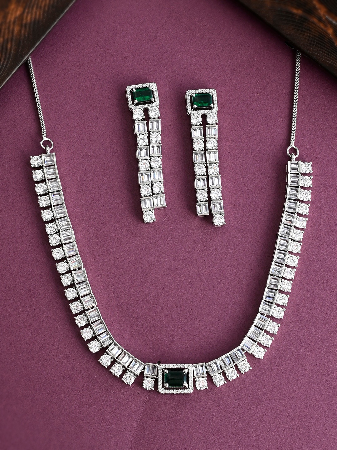 

Voylla Rhodium-Plated CZ-Studded Jewellery Set, Silver