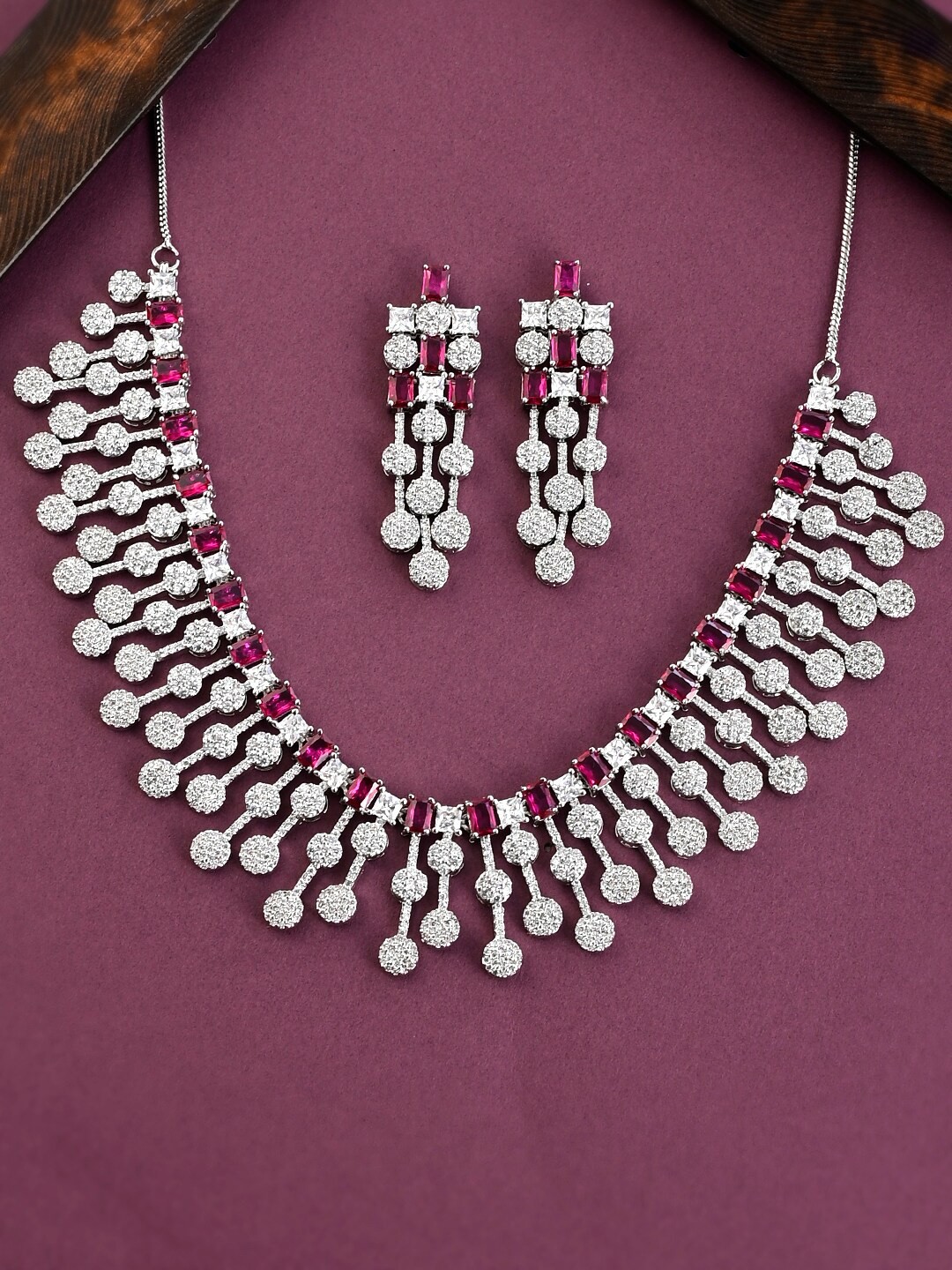 

Voylla Rhodium- Plated Stone Studded Jewellery Set, Silver