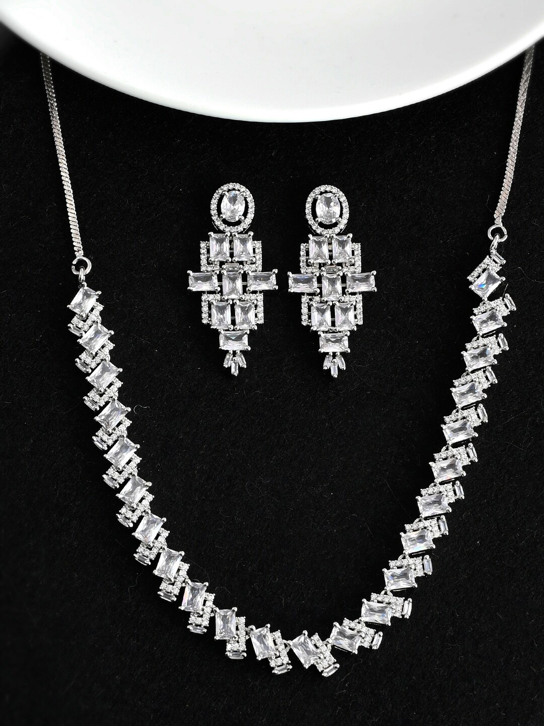 

Voylla Sparkling Elegance Rhodium-Plated & CZ Stone-Studded Embellished Jewellery Set, Silver