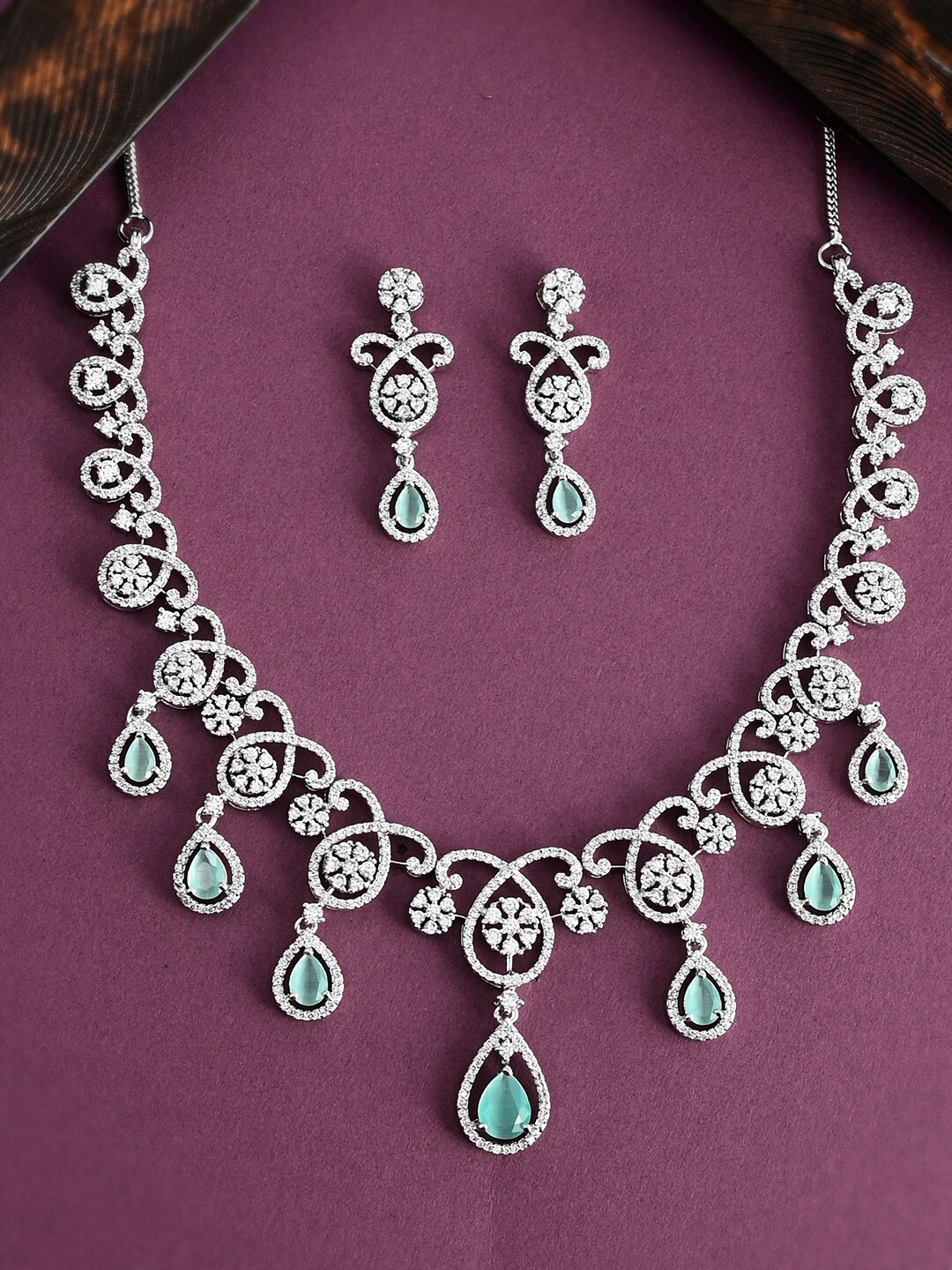

Voylla Rhodium-Plated Silver-Toned White CZ Stone-Studded Jewellery Set