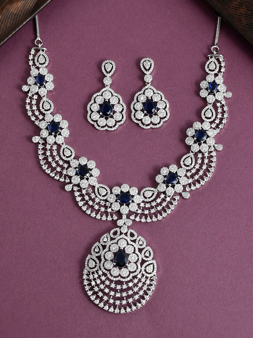 

Voylla Rhodium-Plated CZ Studded Teardrop Cut Jewellery Set, Silver